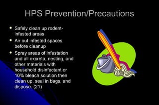 HPS Prevention/Precautions






Safely clean up rodentinfested areas
Air out infested spaces
before cleanup
Spray areas of infestation
and all excreta, nesting, and
other materials with
household disinfectant or
10% bleach solution then
clean up, seal in bags, and
dispose. (21)

 
