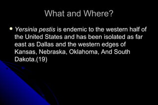 What and Where?
 Yersinia

pestis is endemic to the western half of
the United States and has been isolated as far
east as Dallas and the western edges of
Kansas, Nebraska, Oklahoma, And South
Dakota.(19)

 