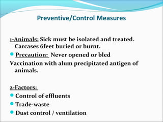 Preventive/Control Measures

1-Animals: Sick must be isolated and treated.
  Carcases 6feet buried or burnt.
Precaution: Never opened or bled
Vaccination with alum precipitated antigen of
  animals.

2-Factors:
Control of effluents
Trade-waste
Dust control / ventilation
 