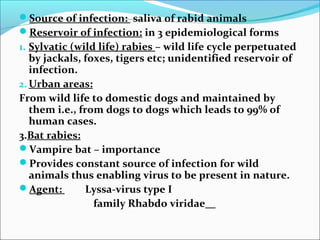 Source of infection: saliva of rabid animals
Reservoir of infection: in 3 epidemiological forms
1. Sylvatic (wild life) rabies – wild life cycle perpetuated
   by jackals, foxes, tigers etc; unidentified reservoir of
   infection.
2. Urban areas:
From wild life to domestic dogs and maintained by
   them i.e., from dogs to dogs which leads to 99% of
   human cases.
3.Bat rabies:
Vampire bat – importance
Provides constant source of infection for wild
   animals thus enabling virus to be present in nature.
Agent:         Lyssa-virus type I
                 family Rhabdo viridae
 
