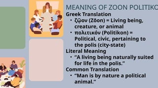 Greek Translation
• ζῷον (Zōon) = Living being,
creature, or animal
• πολιτικόν (Politikon) =
Political, civic, pertaining to
the polis (city-state)
Literal Meaning
• “A living being naturally suited
for life in the polis.”
Common Translation
• “Man is by nature a political
animal.”
MEANING OF ZOON POLITIKO
 
