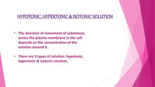 HYPOTONIC, HYPERTONIC& ISOTONICSOLUTION
• The direction of movement of substances
across the plasma membrane in the cell
depends on the concentration of the
solution around it.
• There are 3 types of solution; hypotonic,
hypertonic & isotonic solution.
 