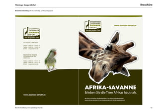 Thüringer Zoopark Erfurt                                                                                                                  Broschüre

Broschüre Umschlag: DIN A4, vierfarbig, auf Recyclingpapier




                                                                                                                  www.zoopark-erfurt.de




             Am Zoopark 1, 99087 Erfurt

             Telefon: 0049 361. 7 51 88 - 21
             Telefax: 0049 361. 7 51 88 - 22
             E-Mail: zoopark@erfurt.de



             Aquarium des Zooparks
             Am Nettelbeckufer 28a,
             99089 Erfurt

             Telefon: 0049 361. 7 31 37 - 10
             Telefax: 0049 361. 7 31 37 - 10
             E-Mail: zoopark@erfurt.de




                                                              Afrika-Savanne
                                                              Erleben Sie die Tiere Afrikas hautnah.
             www.zoopark-erfurt.de

                                                              Wir sind zu erreichen: Straßenbahnlinie 5 (ab Anger bis Endhaltestelle)
                                                              sowie mit den Buslinien 30 (ab Grubenstraße) und 50 (ab Hauptbahnhof)




Büro für Gestaltung | www.gestaltung-erfurt.de                                                                                                   12
 
