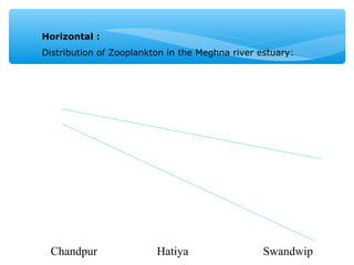Horizontal :
Distribution of Zooplankton in the Meghna river estuary:
Chandpur Hatiya Swandwip
 