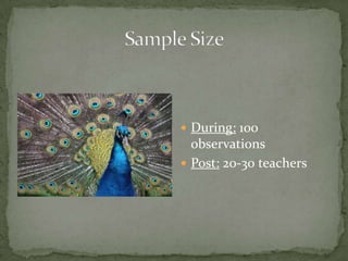  During: 100
  observations
 Post: 20-30 teachers
 