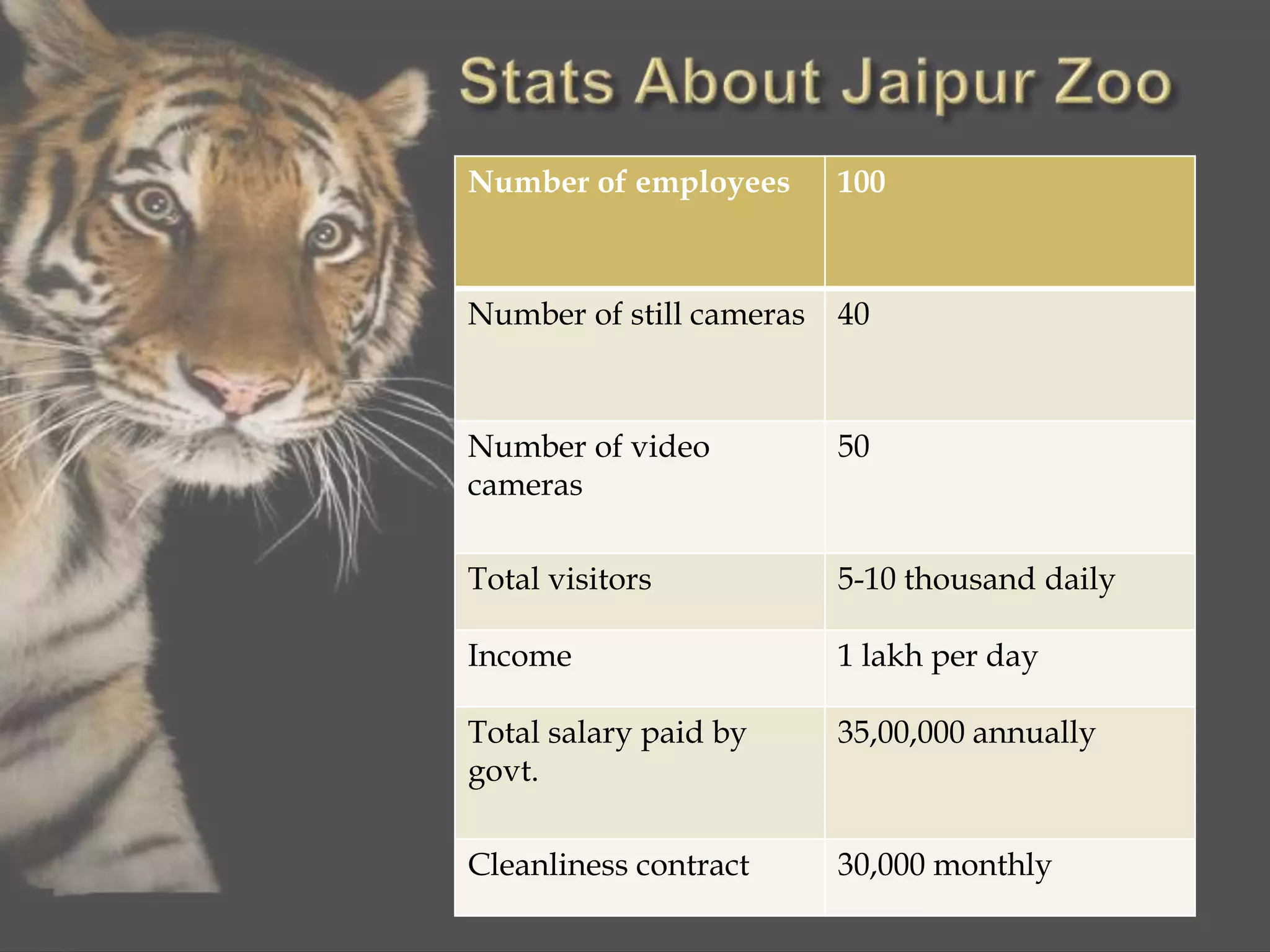 Number of employees 100
Number of still cameras 40
Number of video
cameras
50
Total visitors 5-10 thousand daily
Income 1 lakh per day
Total salary paid by
govt.
35,00,000 annually
Cleanliness contract 30,000 monthly
 