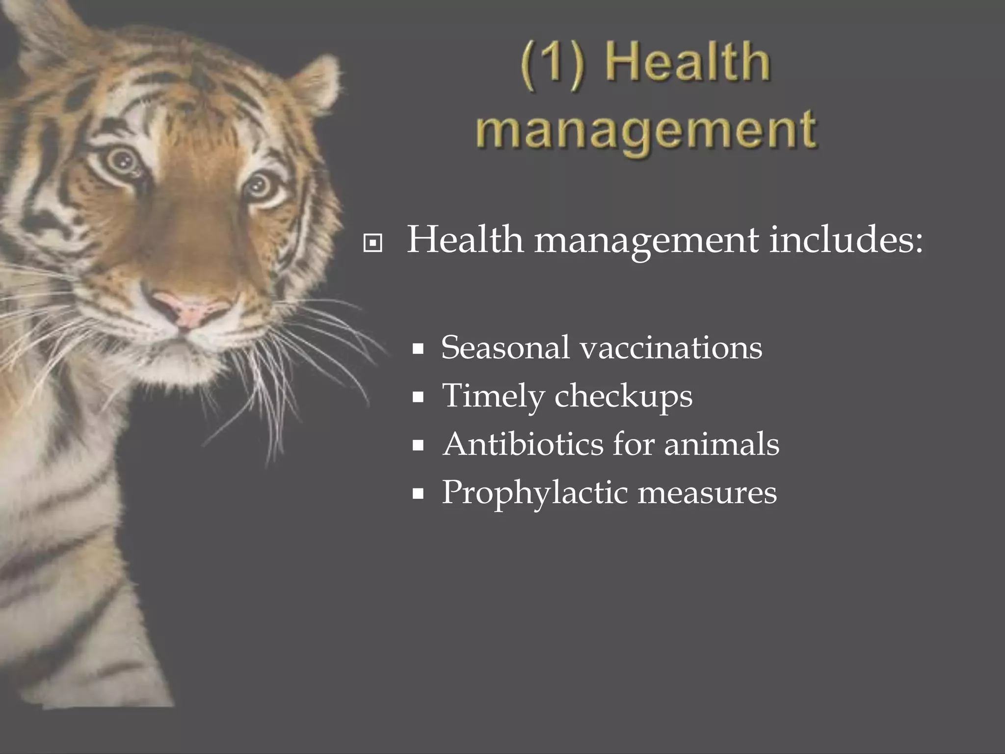 Health management includes:
 Seasonal vaccinations
 Timely checkups
 Antibiotics for animals
 Prophylactic measures
 