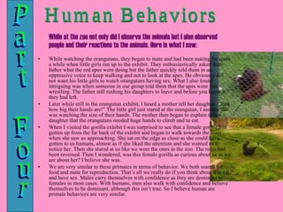 While at the zoo not only did I observe the animals but I also observed people and their reactions to the animals. Here is what I saw: While watching the orangutans, they began to mate and had been mating for quite a while when little girls ran up to the exhibit. They enthusiastically asked their father what the red apes were doing but the father quickly told them in an oppressive voice to keep walking and not to look at the apes. He obviously did not want his little girls to watch orangutans having sex. What I also found intriguing was when someone in our group told them that the apes were just wrestling. The father still rushing his daughters to leave and before you know it they had left. Later while still in the orangutan exhibit, I heard a mother tell her daughter, “look how big their hands are!” The little girl just stared at the orangutan, I assume she was watching the size of their hands. The mother then began to explain to her daughter that the orangutans needed huge hands to climb and to eat. When I visited the gorilla exhibit I was surprised to see that a female gorilla had gotten up from the far back of the exhibit and began to walk towards the front when she saw us approaching. She sat on the edge as close as she could have gotten to us humans, almost as if she liked the attention and she wanted us to notice her. Then she stared at us like we were the ones in the zoo. The roles had been reversed. Then I wondered, was this female gorilla as curious about us as we are about her? I believe she was. We are very similar to these primates in terms of behavior. We both search for food and mate for reproduction. That’s all we really do if you think about it is eat and have sex. Males carry themselves with confidence as they are dominant to females in most cases. With humans, men also walk with confidence and believe themselves to be dominant, although this isn’t true. So I believe human are primate behaviors are very similar. Part Four Human Behaviors 