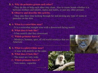 3.   A. Why do primates groom each other? - They do this to help each other stay clean. Also to create bonds whether it is between mothers and infants, males and males, or just any other primate. B. Observe and describe this activity. - They take their time looking through fur and picking any type of waste or parasites on the skin. 4.   A. What is a catarrhine nose? - It is a somewhat straight nose with a downward facing nostril. B. What does it look like? - It has nostrils that face downward. C. Which primates have it? - Monkeys, humans, apes, all old world monkeys that are from the non-Americas 5.   A. What is a platyrrhine nose? - A nose with nostrils on the sides. B. What does it look like? - The noses are very wide. C. Which primates have it? - New mates,  capuchin 