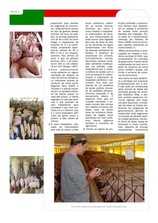 Página 6




           justamente para atender          larvar (cisticerco), podem      dução confinada, a suinocul-
           as exigências do consumi-        ser os suínos, bovinos,         tura oferece risco desprezí-
           dor, especialmente quanto        carneiros, etc. Como o          vel em relação a ocorrência
           ao teor de gordura destes        suíno constitui o hospedei-     de teníase entre animais
           animais. No inicio da sele-      ro intermediário da tenía-      abatidos sob inspeção. Pro-
           ção, os animais apresenta-       se, sua contaminação só         va disso foi o levantamento
           vam de 40 a 45% de carne         pode ocorrer pela ingestão      realizado por Pedroso de
           magra e espessuras de            dos ovos de tênia do solo       Paiva (2005) entre os princi-
           toucinho de 5 a 6 centrí-        ou de alimentos (ou água)       pais estados produtores de
           metos, atualmente obser-         contaminados com fezes          suínos (tabela 1).
           vam-se valores de 55 a           de pessoas portadoras de          Mais recentemente a preo-
           65% e 1,5 a 1%, respecti-        teníase. A presença de          cupação em relação a ocor-
           vamente. Nos últimos 20          cisticercose em animais,        rência da Gripe A H1N1, que
           anos, o teor de gordura          principalmente suínos,          erroneamente foi chamada
           diminuiu 35%, o de calori-       demonstra, sempre, condi-       de gripe suína, mesmo tendo
           as em 20% e o de coleste-        ções sanitárias inadequa-       comprovação de risco zero a
           rol em 15% (Roppa, 1997).        das nos plantéis. Logo,         partir do consumo de carne
           Outro questionamento             entendemos que a manei-         suína também acabou por
           ainda presente em alguns         ra efetiva de acabar com o      limitar o aumento de consu-
           mercados diz respeito ao         ciclo do parasita é a identi-   mo da carne suína.
           risco de contrair teníase e/     ficação e tratamento do           Do ponto de vista zootécni-
           ou cisticerose através do        hospedeiro definitivo: o ser    co a atividade vem evoluindo
           consumo de carne suína.          humano. Fica claro que          fantasticamente ano a ano.
           Segundo Silva (2005) a           trata-se de um problema         E isso pode ser comprovado
           Teníase é a doença causa-        de saúde publica, vincula-      pelos bancos de dados das
           da por um parasita chama-        do às questões socioeco-        principais granjas de produ-
           do de Taenia solium no           nômicas, educação e de          ção brasileira. Alias, o pró-
           caso dos suínos , e Taenia       saneamento básico. É            prio controle zootécnico tor-
           saginata no caso dos bovi-       essencial frizar que em         nou-se rigoroso, sem espa-
           nos, e que precisam de           criações intensivas, o su-      ços para equívocos. A anota-
           dois hospedeiros para            posto contato dos animais       ção de todos os índices zoo-
           completar o seu ciclo evo-       com dejetos humanos não         técnicos em programas de
           lutivo.Um é o Homem, que         existe, além de serem           gerenciamento permite ao
           é o único hospedeiro defi-       alvos de constante fiscali-     zootecnista maior segurança
           nitivo da taenia (único a        zação de órgãos como            na tomada de decisão quan-
           possuir a fase adulta do         secretarias de meio ambi-       to à opção genética, momen-
           verme).                          ente, Ibama, vigilância         to ótimo de abate, ajuste de
           O outro hospedeiro, cha-         sanitária e ministério da       alimentos e níveis nutricio-
           mado de intermediário            agricultura.                    nais, descarte de animais
           pois nele só ocorre a fase        Devido ao regime de pro-       improdutivos, treinamento




                               Controle zootécnico de granja com auxilio de palm-top.
 