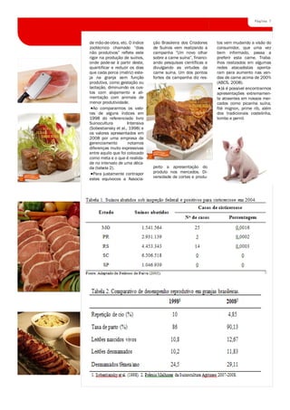 Página 7




de mão-de-obra, etc. O índice    ção Brasileira dos Criadores     tos vem mudando a visão do
zootécnico chamado “dias         de Suínos vem realizando a       consumidor, que uma vez
não produtivos” reflete este     campanha “Um novo olhar          bem informado, passa a
rigor na produção de suínos,     sobre a carne suína”, financi-   preferir esta carne. Traba-
onde pode-se à partir deste,     ando pesquisas científicas e     lhos realizados em algumas
quantificar e reduzir os dias    divulgando as virtudes da        redes atacadistas aponta-
que cada porca (matriz) este-    carne suína. Um dos pontos       ram para aumento nas ven-
ja na granja sem função          fortes da campanha diz res-      das de carne acima de 200%
produtiva, como gestação ou                                       (ABCS, 2008).
lactação, diminuindo os cus-                                         Já é possível encontrarmos
tos com alojamento e ali-                                         apresentações extremamen-
mentação com animais de                                           te atraentes em nossos mer-
menor produtividade.                                              cados como picanha suína,
  Ao compararmos os valo-                                         filé mignon, prime rib, além
res de alguns índices em                                          dos tradicionais costelinha,
1998 do referenciado livro                                        lombo e pernil.
Suinocultura         Intensiva
(Sobestiansky et al., 1998) e
os valores apresentados em
2008 por uma empresa de
gerenciamento         notamos
diferenças muito expressivas
entre aquilo que foi colocado
como meta e o que é realida-
de no intervalo de uma déca-
da (tabela 2).                   peito a apresentação do
  Para justamente contrapor      produto nos mercados. Di-
estes equívocos a Associa-       versidade de cortes e produ-
 