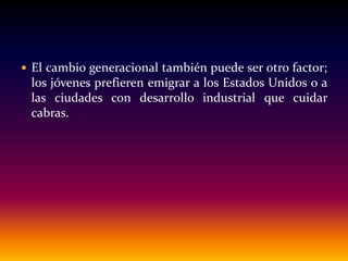  El cambio generacional también puede ser otro factor;
los jóvenes prefieren emigrar a los Estados Unidos o a
las ciudades con desarrollo industrial que cuidar
cabras.
 