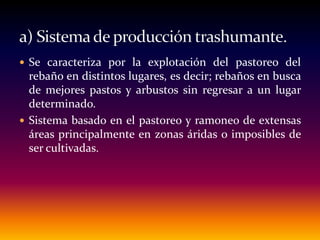  Se caracteriza por la explotación del pastoreo del
rebaño en distintos lugares, es decir; rebaños en busca
de mejores pastos y arbustos sin regresar a un lugar
determinado.
 Sistema basado en el pastoreo y ramoneo de extensas
áreas principalmente en zonas áridas o imposibles de
ser cultivadas.
 