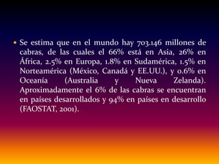  Se estima que en el mundo hay 703.146 millones de
cabras, de las cuales el 66% está en Asia, 26% en
África, 2.5% en Europa, 1.8% en Sudamérica, 1.5% en
Norteamérica (México, Canadá y EE.UU.), y 0.6% en
Oceanía (Australia y Nueva Zelanda).
Aproximadamente el 6% de las cabras se encuentran
en países desarrollados y 94% en países en desarrollo
(FAOSTAT, 2001).
 