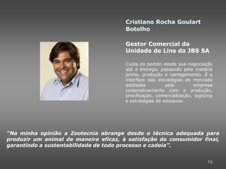 Cristiano Rocha Goulart
                                       Botelho

                                       Gestor Comercial da
                                       Unidade de Lins da JBS SA

                                       Cuida do pedido desde sua negociação
                                       até a entrega, passando pela matéria
                                       prima, produção e carregamento. É a
                                       interface das estratégias de mercado
                                       adotadas          pela         empresa
                                       corporativamente com a produção,
                                       precificação, comercialização, logística
                                       e estratégias de estoques.




“Na minha opinião a Zootecnia abrange desde a técnica adequada para
produzir um animal de maneira eficaz, à satisfação do consumidor final,
garantindo a sustentabilidade de todo processo e cadeia”.


                                                                            13
 