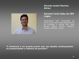 Ricardo André Martins
                                  Abreu

                                  Gerente Corte Zebu da CRV
                                  Lagoa

                                  Responsável pela contratação de
                                  touros corte Zebu e pelo planejamento
                                  de produção e vendas das raças
                                  Nelore,   Nelore   Mocho,    Tabapuã,
                                  Guzerá, Brahman e Sindi.




“A Zootecnia é um grande prazer que nos desafia continuamente
na prestatividade e melhoria da pecuária”.



                                                                    45
 