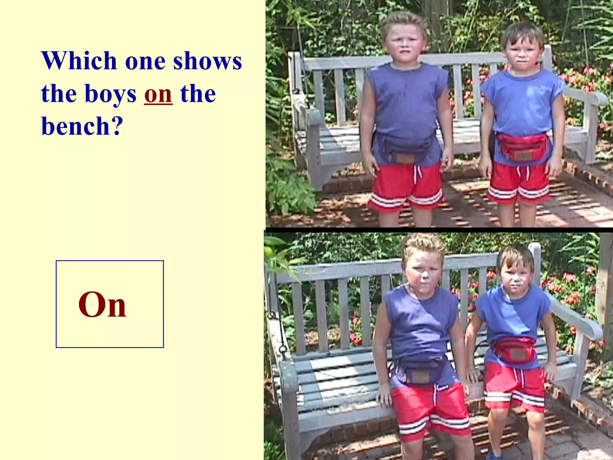 Which one shows the boys on the bench? On