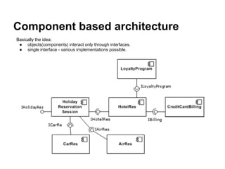 Component based architecture
Basically the idea:
● objects(components) interact only through interfaces.
● single interface - various implementations possible.
 