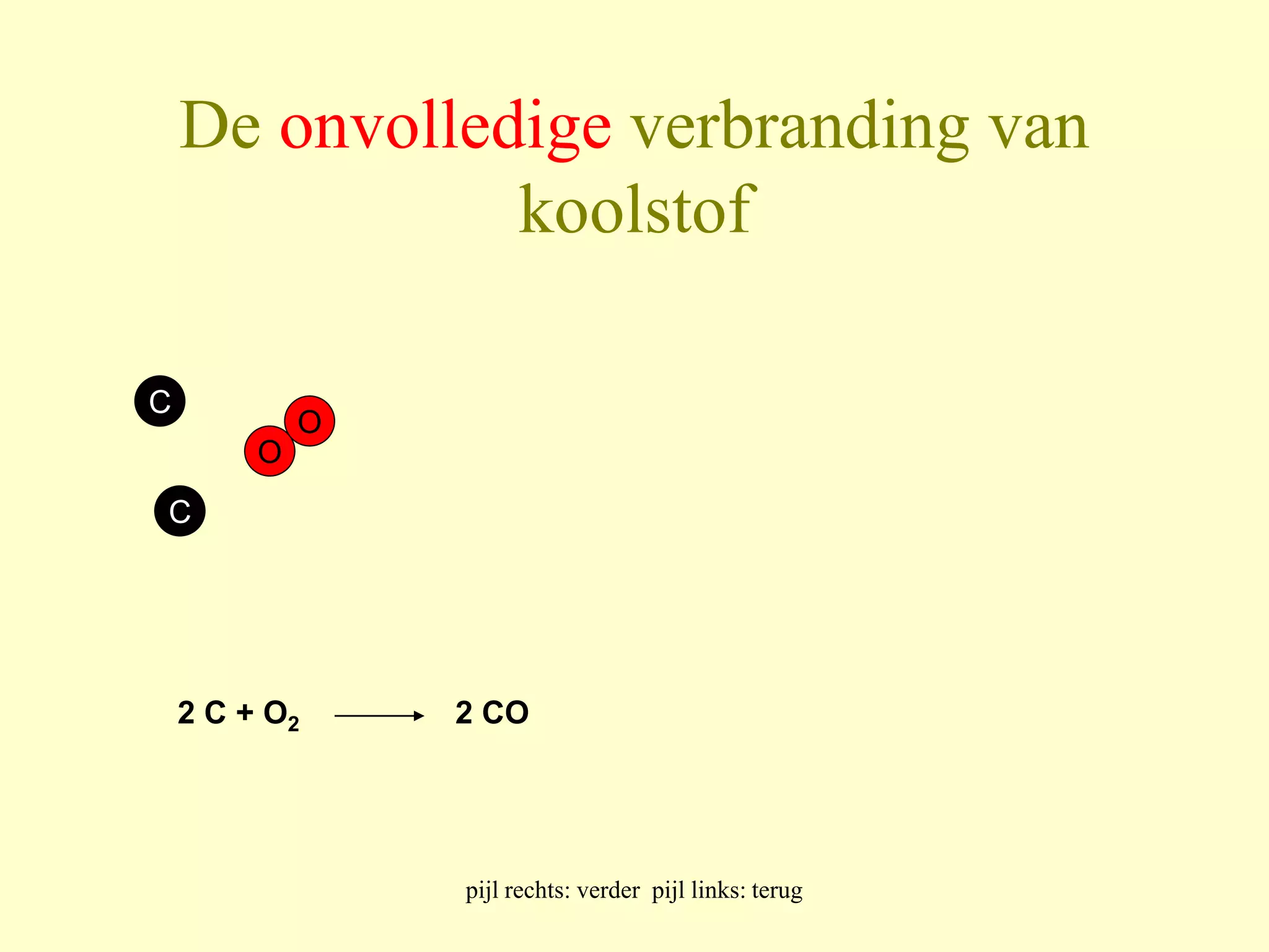 De onvolledige verbranding van 
koolstof 
pijl rechts: verder pijl links: terug 
C 
O 
O 
C 
2 C + O2 2 CO 
 