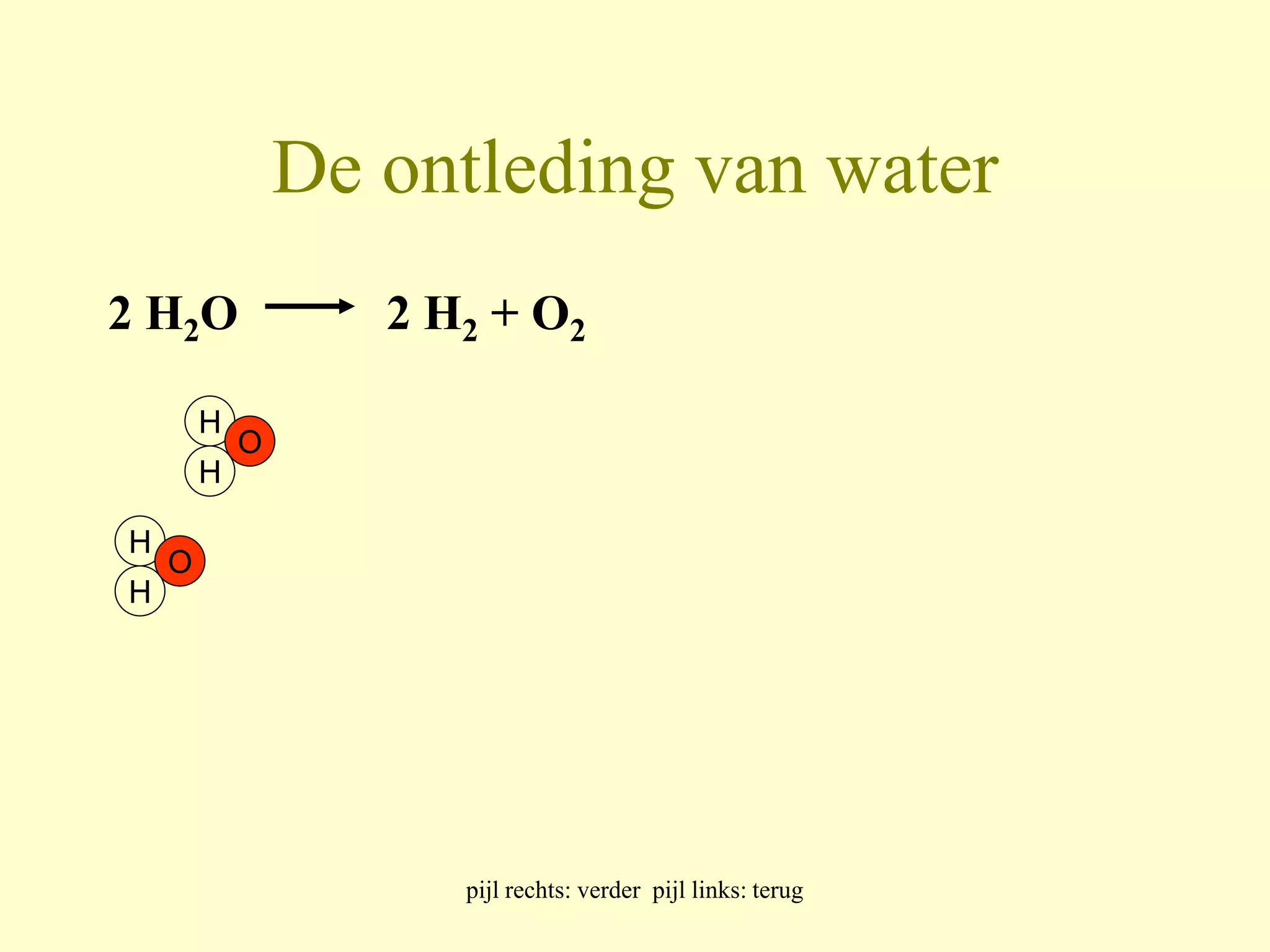 De ontleding van water 
2 H2O 2 H2 + O2 
pijl rechts: verder pijl links: terug 
H 
H 
O 
H 
H 
O 
 