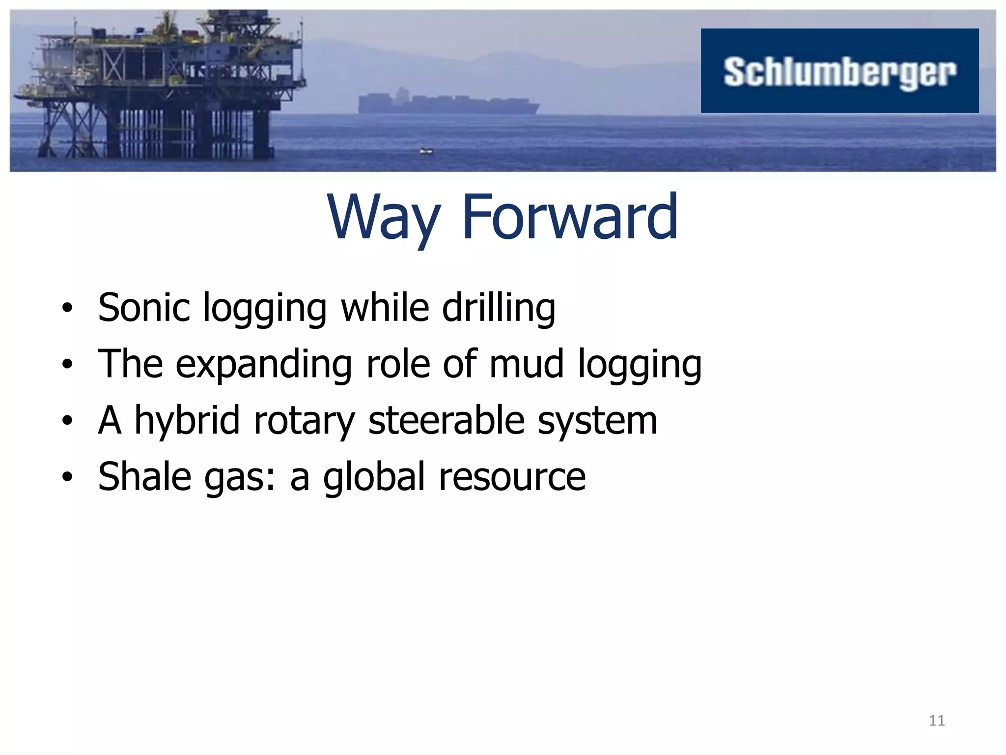 Way Forward 
• Sonic logging while drilling 
• The expanding role of mud logging 
• A hybrid rotary steerable system 
• Shale gas: a global resource 
11 
 