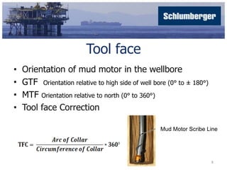 Tool face 
• Orientation of mud motor in the wellbore 
• GTF Orientation relative to high side of well bore (0° to ± 180°) 
• MTF Orientation relative to north (0° to 360°) 
• Tool face Correction 
Mud Motor Scribe Line 
8 
 