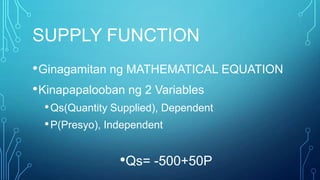 SUPPLY FUNCTION
• Ginagamitan ng MATHEMATICAL EQUATION
• Kinapapalooban ng 2 Variables
• Qs(Quantity Supplied), Dependent
• P(Presyo), Independent

•Qs= -500+50P

 