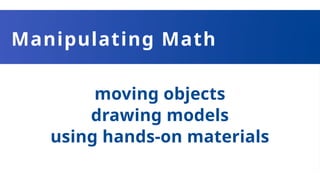 Manipulating Math
moving objects
drawing models
using hands-on materials
 