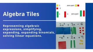 Algebra Tiles
Representing algebraic
expressions, simplifying,
expanding, expanding binomials,
solving linear equations.
 