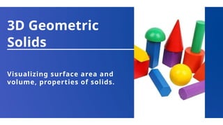 3D Geometric
Solids
Visualizing surface area and
volume, properties of solids.
 
