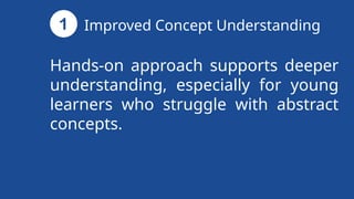 Hands-on approach supports deeper
understanding, especially for young
learners who struggle with abstract
concepts.
Improved Concept Understanding
 