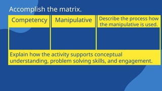 Accomplish the matrix.
RMA Task
Competency Manipulative Describe the process how
the manipulative is used.
Explain how the activity supports conceptual
understanding, problem solving skills, and engagement.
 