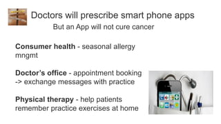 Doctors will prescribe smart phone apps
           But an App will not cure cancer

Consumer health - seasonal allergy
mngmt

Doctor’s office - appointment booking
-> exchange messages with practice

Physical therapy - help patients
remember practice exercises at home
 
