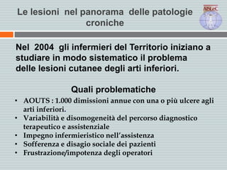 Le lesioni nel panorama delle patologie
croniche
Nel 2004 gli infermieri del Territorio iniziano a
studiare in modo sistematico il problema
delle lesioni cutanee degli arti inferiori.
Quali problematiche
• AOUTS : 1.000 dimissioni annue con una o più ulcere agli
arti inferiori.
• Variabilità e disomogeneità del percorso diagnostico
terapeutico e assistenziale
• Impegno infermieristico nell’assistenza
• Sofferenza e disagio sociale dei pazienti
• Frustrazione/impotenza degli operatori
 