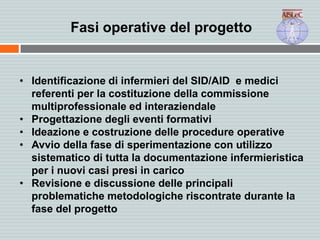 Fasi operative del progetto
• Identificazione di infermieri del SID/AID e medici
referenti per la costituzione della commissione
multiprofessionale ed interaziendale
• Progettazione degli eventi formativi
• Ideazione e costruzione delle procedure operative
• Avvio della fase di sperimentazione con utilizzo
sistematico di tutta la documentazione infermieristica
per i nuovi casi presi in carico
• Revisione e discussione delle principali
problematiche metodologiche riscontrate durante la
fase del progetto
 