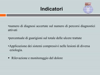 •numero di diagnosi accertate sul numero di percorsi diagnostici
attivati
•percentuale di guarigioni sul totale delle ulcere trattate
•Applicazione dei sistemi compressivi nelle lesioni di diversa
eziologia.
 Rilevazione e monitoraggio del dolore
Indicatori
 