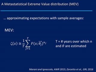 A Metastatistical Extreme Value distribution (MEV)
Marani and Ignaccolo, AWR 2015; Zorzetto et al., GRL 2016
 𝑥 ≅
1
𝑇
෍
𝑗=1
𝑇
𝐹(𝑥; 𝜃𝑗) 𝑛 𝑗
T = # years over which n
and 𝜃 are estimated
… approximating expectations with sample averages:
MEV:
 