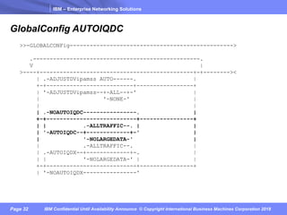 IBM – Enterprise Networking Solutions
Page 32 IBM Confidential Until Availability Announce © Copyright International Business Machines Corporation 2018
>>-GLOBALCONFig------------------------------------------------->
.--------------------------------------------------.
V |
>----+----------------------------------------------+-+--------><
| .-ADJUSTDVipamss AUTO------. |
+-+--------------------------+-----------------+
| '-ADJUSTDVipamss--+-ALL--+-' |
| '-NONE-' |
| |
| .-NOAUTOIQDC----------------. |
+-+---------------------------+----------------+
| | .-ALLTRAFFIC--. | |
| '-AUTOIQDC--+-------------+-' |
| '-NOLARGEDATA-' |
| .-ALLTRAFFIC--. |
| .-AUTOIQDX--+-------------+-. |
| | '-NOLARGEDATA-' | |
+-+---------------------------+----------------+
| '-NOAUTOIQDX----------------'
GlobalConfig AUTOIQDC
 