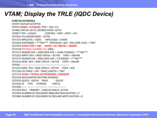 IBM – Enterprise Networking Solutions
Page 40 IBM Confidential Until Availability Announce © Copyright International Business Machines Corporation 2018
D	NET,ID=IUTIQCE0,E																																																									
IST097I	DISPLAY	ACCEPTED																																																				
IST075I	NAME	=	IUTIQCE0,	TYPE	=	TRLE	171																																				
IST486I	STATUS=	ACTIV,	DESIRED	STATE=	ACTIV																																	
IST087I	TYPE	=	LEASED													,	CONTROL	=	MPC	,	HPDT	=	YES														
IST1954I	TRL	MAJOR	NODE	=	ISTTRL																																												
IST1715I	MPCLEVEL	=	QDIO							MPCUSAGE	=	SHARE																													
IST2263I	PORTNAME	=	***NA***			PORTNUM	=	N/A			OSA	CODE	LEVEL	=	*NA*								
IST2337I	CHPID	TYPE	=	IQD						CHPID	=	E0		PNETID	=	ZOSNET																		
IST2319I	PHYSICAL	CHANNEL	ID	=	00E0																																									
IST1577I	HEADER	SIZE	=	4096	DATA	SIZE	=	16384	STORAGE	=	***NA***												
IST1221I	WRITE	DEV	=	0E0D	STATUS	=	ACTIVE					STATE	=	ONLINE																
IST1577I	HEADER	SIZE	=	4092	DATA	SIZE	=	0	STORAGE	=	***NA***																
IST1221I	READ		DEV	=	0E0C	STATUS	=	ACTIVE					STATE	=	ONLINE																
IST924I	-------------------------------------------------------------
IST1221I	DATA		DEV	=	0E0E	STATUS	=	ACTIVE					STATE	=	N/A																			
IST1724I	I/O	TRACE	=	OFF		TRACE	LENGTH	=	*NA*																															
IST1717I	ULPID	=	TCPCS1	ULP	INTERFACE	=	EZAIQCE0																												
IST2310I	ACCELERATED	ROUTING	DISABLED																																							
IST2331I	QUEUE			QUEUE					READ													QUEUE																											
IST2332I	ID						TYPE						STORAGE										STATUS																										
IST2205I	------ -------- --------------- ----------------------
IST2333I	RD/1				PRIMARY			2.0M(126	SBALS)		ACTIVE																										
IST2305I	NUMBER	OF	DISCARDED	INBOUND	READ	BUFFERS	=	0																							
IST2386I	NUMBER	OF	DISCARDED	OUTBOUND	WRITE	BUFFERS	=	0
.
.
.																					
VTAM; Display the TRLE (IQDC Device)
 