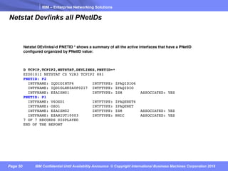 IBM – Enterprise Networking Solutions
Page 50 IBM Confidential Until Availability Announce © Copyright International Business Machines Corporation 2018
Netstat Devlinks all PNetIDs
Netstat DEvlinks/-d PNETID * shows a summary of all the active interfaces that have a PNetID
configured organized by PNetID value:
D TCPIP,TCPIP2,NETSTAT,DEVLINKS,PNETID=*
EZD0101I NETSTAT CS V2R3 TCPIP2 881
PNETID: P2
INTFNAME: IQDIOINTF6 INTFTYPE: IPAQIDIO6
INTFNAME: IQDIOLNK0A0F0217 INTFTYPE: IPAQIDIO
INTFNAME: EZAISM01 INTFTYPE: ISM ASSOCIATED: YES
PNETID: P1
INTFNAME: V6OSD1 INTFTYPE: IPAQENET6
INTFNAME: OSD1 INTFTYPE: IPAQENET
INTFNAME: EZAISM02 INTFTYPE: ISM ASSOCIATED: YES
INTFNAME: EZARIUT10003 INTFTYPE: RNIC ASSOCIATED: YES
7 OF 7 RECORDS DISPLAYED
END OF THE REPORT
 