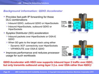 IBM – Enterprise Networking Solutions
Page 55 IBM Confidential Until Availability Announce © Copyright International Business Machines Corporation 2018
Background information: QDIO Accelerator
§ Provides fast path IP forwarding for these
DLC combinations
Inbound QDIO, outbound QDIO or HiperSockets
Inbound HiperSockets, outbound QDIO or
HiperSockets
§ Sysplex Distributor (SD) acceleration
Inbound packets over HiperSockets or OSA-E
QDIO
When SD gets to the target stack using either
• Dynamic XCF connectivity over HiperSockets
• VIPAROUTE over OSA-E QDIO
§ Improves performance and reduces processor
usage for such workloads
DLC
IP
TCP/UDP
Application
DLC
IP
TCP/UDP
Application
IP-layer
routing table
Connection
routing table
DLC
IP
TCP/UDP
Application
DLC
IP
TCP/UDP
Application
OSAOSA OSA
DLC
IP
TCP/UDP
Application
DLC
IP
TCP/UDP
ApplicationShadow copies
of selected
entries in
Connection
routing table
and IP-layer
routing table
DLC
IP
TCP/UDP
Application
DLC
IP
TCP/UDP
Application
OSAOSA OSA
QDIO Accelerator with HSCI now supports inbound layer 2 traffic over IQDC,
but only transmits outbound using layer 3 (i.e. over OSA rather than IQDC)!
 