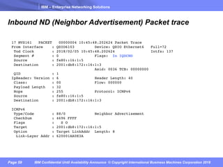 IBM – Enterprise Networking Solutions
Page 59 IBM Confidential Until Availability Announce © Copyright International Business Machines Corporation 2018
Inbound ND (Neighbor Advertisement) Packet trace
17 MVS161 PACKET 00000004 10:45:48.202624 Packet Trace
From Interface : QDIO6103 Device: QDIO Ethernet6 Full=72
Tod Clock : 2018/02/05 10:45:48.202624 Intfx: 137
Segment # : 0 Flags: In IQDCND
Source : fe80::16:1:5
Destination : 2001:db8:172::16:1:3
Asid: 0036 TCB: 00000000
QID : 1
IpHeader: Version : 6 Header Length: 40
Class: : 00 Flow: 000000
Payload Length : 32
Hops : 255 Protocol: ICMPv6
Source : fe80::16:1:5
Destination : 2001:db8:172::16:1:3
ICMPv6
Type/Code : 88/0 Neighbor Advertisement
CheckSum : 4696 FFFF
Flags : S O
Target : 2001:db8:172::16:1:5
Option : Target LinkAddr Length: 8
Link-Layer Addr : 620001AA0E3A
 
