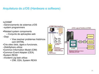 26
Arquitetura do z/OS (Hardware e software)
z/OSMF
–Gerenciamento de sistemas z/OS
–system programmers
Related system components
– Conjunto de aplicações web
–Dojo
• Visa resolver problemas históricos
com DHTML
•Crie sites úteis, ágeis e funcionais.
–WebSphere utiliza:
•Common Information Model (CIM)
•Common Event Adapter (CEA)
•System REXX
–Incident Log task utiliza:
• CÏM, CEA, System REXX
 