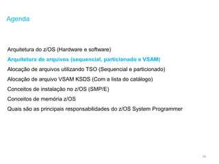 29
Agenda
Arquitetura do z/OS (Hardware e software)
Arquitetura de arquivos (sequencial, particionado e VSAM)
Alocação de arquivos utilizando TSO (Sequencial e particionado)
Alocação de arquivo VSAM KSDS (Com a lista do catálogo)
Conceitos de instalação no z/OS (SMP/E)
Conceitos de memória z/OS
Quais são as principais responsabilidades do z/OS System Programmer
 