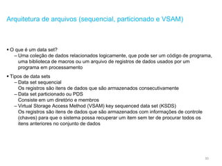30
Arquitetura de arquivos (sequencial, particionado e VSAM)
 O que é um data set?
– Uma coleção de dados relacionados logicamente, que pode ser um código de programa,
uma biblioteca de macros ou um arquivo de registros de dados usados por um
programa em processamento
 Tipos de data sets
– Data set sequencial
Os registros são itens de dados que são armazenados consecutivamente
– Data set particionado ou PDS
Consiste em um diretório e membros
– Virtual Storage Access Method (VSAM) key sequenced data set (KSDS)
Os registros são itens de dados que são armazenados com informações de controle
(chaves) para que o sistema possa recuperar um item sem ter de procurar todos os
itens anteriores no conjunto de dados
 