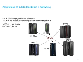 7
Arquitetura do z/OS (Hardware e software)
z/OS operating systems and hardware
–z/OS V1R12 executa em qualquer Servidor IBM System z
z/OS and workloads
–z/OS no zSeries
 