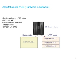 9
Arquitetura do z/OS (Hardware e software)
Basic mode and LPAR mode
–Modo LPAR
•CP em Power-on Reset
–Modo básico
•CP com um z/OS
 