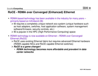 © 2014 IBM Corporation© 2014 IBM Corporation
RoCE - RDMA over Converged (Enhanced) Ethernet
RDMA based technology has been available in the industry for many years –
primarily based on Infiniband (IB)
IB requires a completely unique network eco system (unique hardware such
as host adapters, switches, host application software, system management
software/firmware, security controls, etc.)
IB is popular in the HPC (High Performance Computing) space
RDMA technology is now available on Ethernet – RDMA over Converged
Ethernet (RoCE)
RoCE uses existing Ethernet fabric but requires advanced Ethernet hardware
(RDMA capable NICs and RoCE capable Ethernet switches)
RoCE is a game changer!
• RDMA technology becomes more affordable and prevalent in data
center networks
 