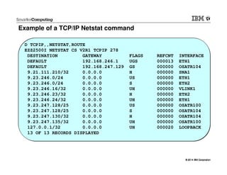 © 2014 IBM Corporation© 2014 IBM Corporation
Example of a TCP/IP Netstat command
D TCPIP,,NETSTAT,ROUTE
EZZ2500I NETSTAT CS V2R1 TCPIP 278
DESTINATION GATEWAY FLAGS REFCNT INTERFACE
DEFAULT 192.168.246.1 UGS 000013 ETH1
DEFAULT 192.168.247.129 GS 000000 OSATR104
9.21.111.210/32 0.0.0.0 H 000000 SNA1
9.23.246.0/24 0.0.0.0 US 000000 ETH1
9.23.246.0/24 0.0.0.0 S 000000 ETH2
9.23.246.16/32 0.0.0.0 UH 000000 VLINK1
9.23.246.23/32 0.0.0.0 H 000000 ETH2
9.23.246.24/32 0.0.0.0 UH 000000 ETH1
9.23.247.128/25 0.0.0.0 US 000000 OSATR100
9.23.247.128/25 0.0.0.0 S 000000 OSATR104
9.23.247.130/32 0.0.0.0 H 000000 OSATR104
9.23.247.135/32 0.0.0.0 UH 000000 OSATR100
127.0.0.1/32 0.0.0.0 UH 000020 LOOPBACK
13 OF 13 RECORDS DISPLAYED
 