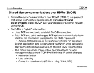© 2014 IBM Corporation© 2014 IBM Corporation
Shared Memory communications over RDMA (SMC-R)
Shared Memory Communications over RDMA (SMC-R) is a protocol
that allows TCP sockets applications to transparently and
autonomically exploit RDMA over your datacenter Ethernet network
using RoCE.
SMC-R is a “hybrid” solution that:
– Uses TCP connection to establish SMC-R connection
– Each TCP end point exchanges TCP options to dynamically learn
whether the connection is eligible for the SMC-R protocol
• If eligible, RDMA attributes are then exchanged within the TCP data stream
– Socket application data is exchanged via RDMA write operations
– TCP connection remains active and controls SMC-R connection
– This model preserves many critical operational and network
management features of TCP/IP with minimal IP admin changes
• Resilience/failover
• Load balancing
• Connection based security (IP filters, policy, VLAN, SSL)
 